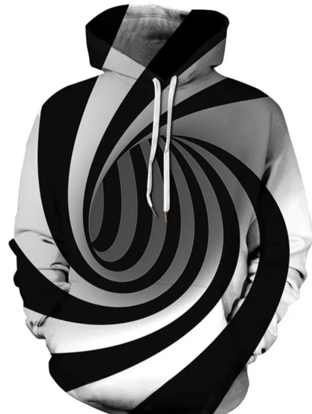 Black & White Spiral Graphic Optical Illusion Swirl Hoodie Unisex Front Pocket